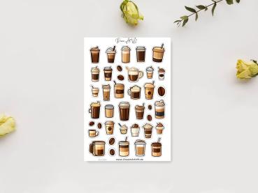 Aufkleber-Set mit verschiedenen Kaffeebechern, To-Go-Bechern und Kaffeebohnen, gestaltet von DreamArt VM, präsentiert auf einem weißen Hintergrund mit gelben Rosen.